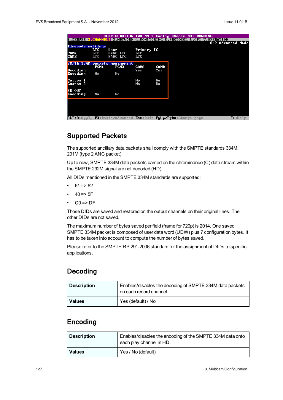 Supported packets, Decoding, Encoding | EVS XS Version 11.01 - November 2012 Configuration Manual User Manual | Page 137 / 212