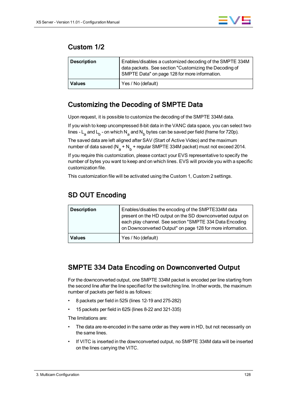 Custom 1/2, Customizing the decoding of smpte data, Sd out encoding | Smpte 334 data encoding on downconverted output | EVS XS Version 11.01 - November 2012 Configuration Manual User Manual | Page 138 / 212