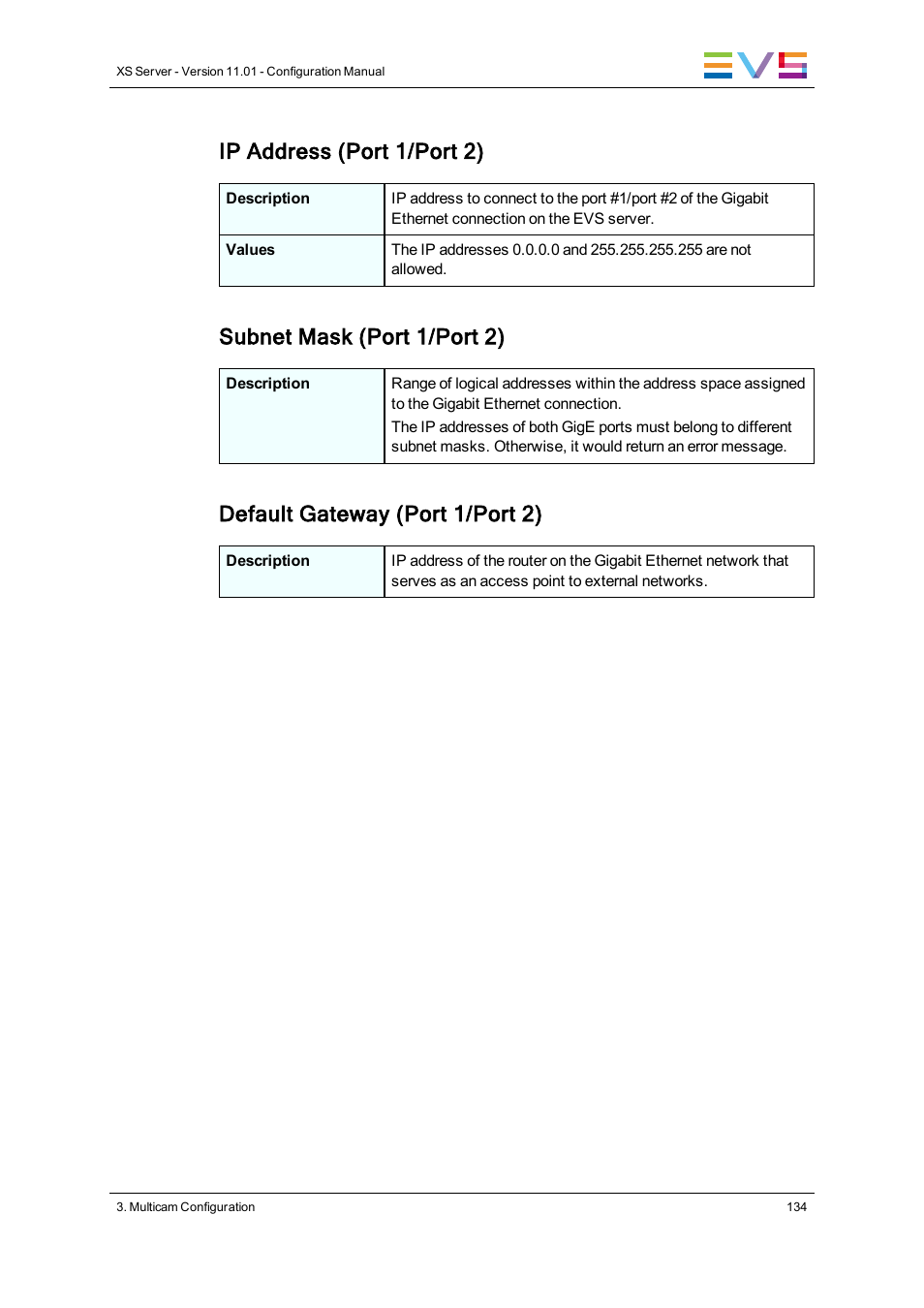 Ip address (port 1/port 2), Subnet mask (port 1/port 2), Default gateway (port 1/port 2) | EVS XS Version 11.01 - November 2012 Configuration Manual User Manual | Page 144 / 212