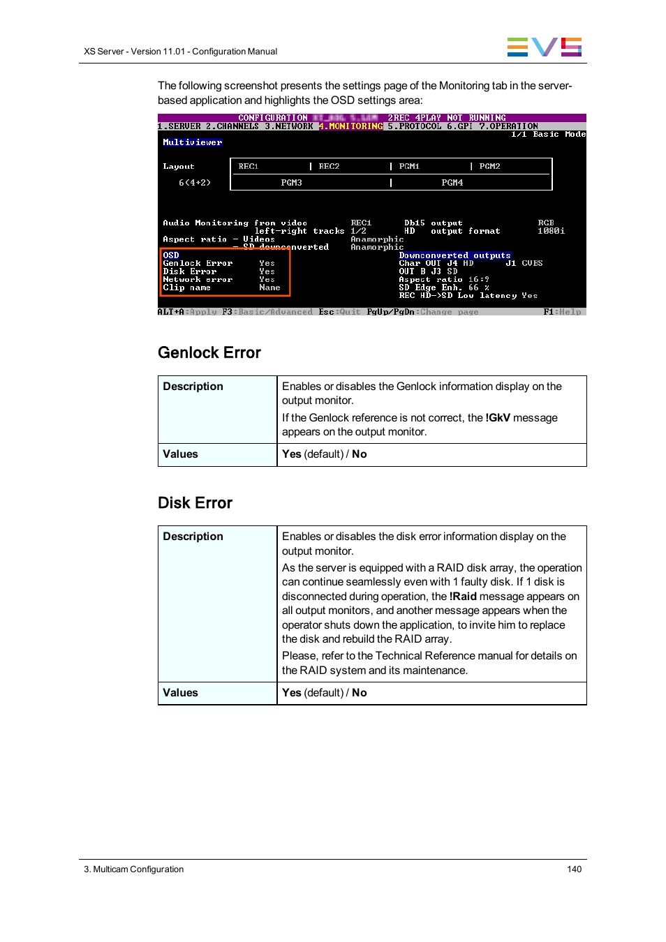 Genlock error, Disk error | EVS XS Version 11.01 - November 2012 Configuration Manual User Manual | Page 150 / 212