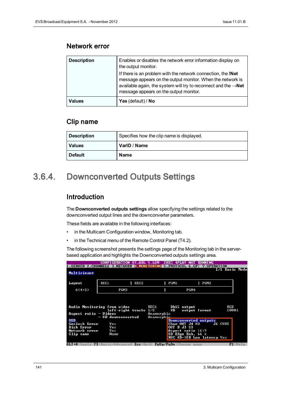 Downconverted outputs settings, Network error, Clip name | Introduction | EVS XS Version 11.01 - November 2012 Configuration Manual User Manual | Page 151 / 212