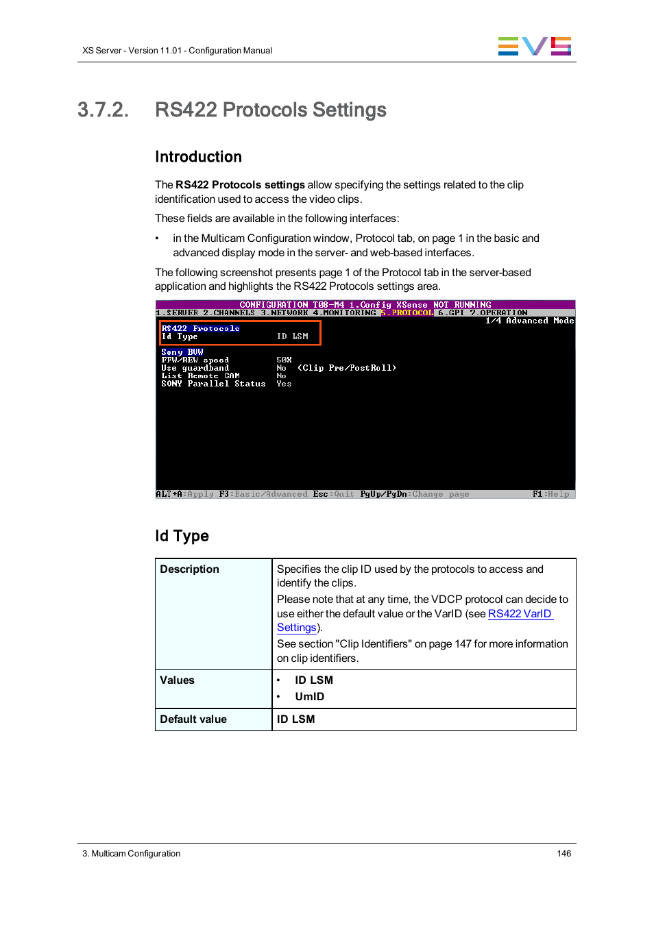 Rs422 protocols settings, Introduction, Id type | EVS XS Version 11.01 - November 2012 Configuration Manual User Manual | Page 156 / 212