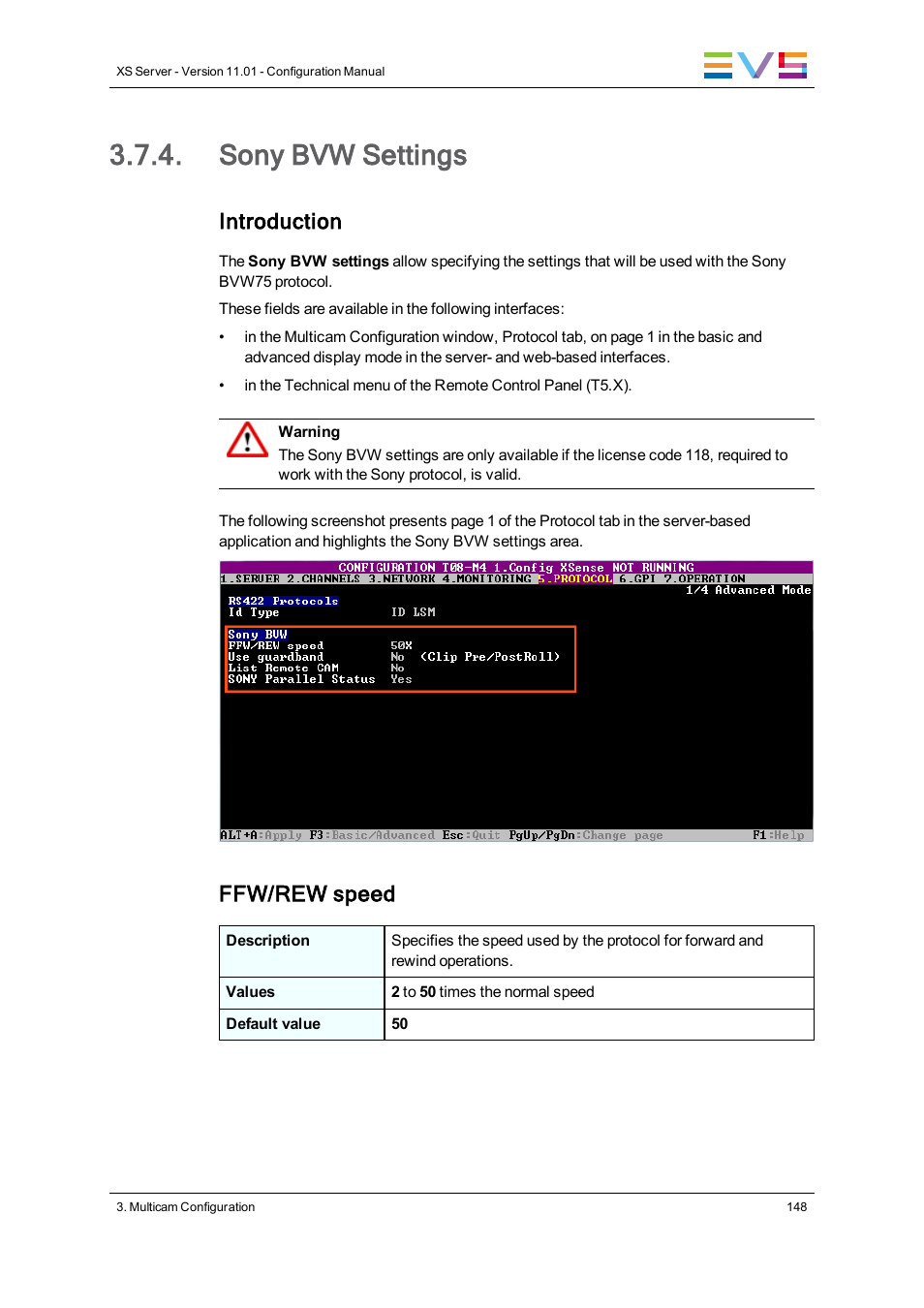 Sony bvw settings, Introduction, Ffw/rew speed | EVS XS Version 11.01 - November 2012 Configuration Manual User Manual | Page 158 / 212
