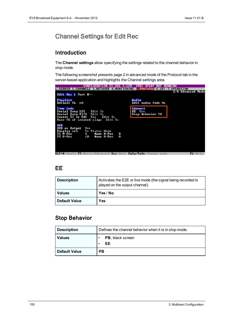 Channel settings, Channel settings for edit rec, Introduction | Stop behavior | EVS XS Version 11.01 - November 2012 Configuration Manual User Manual | Page 165 / 212