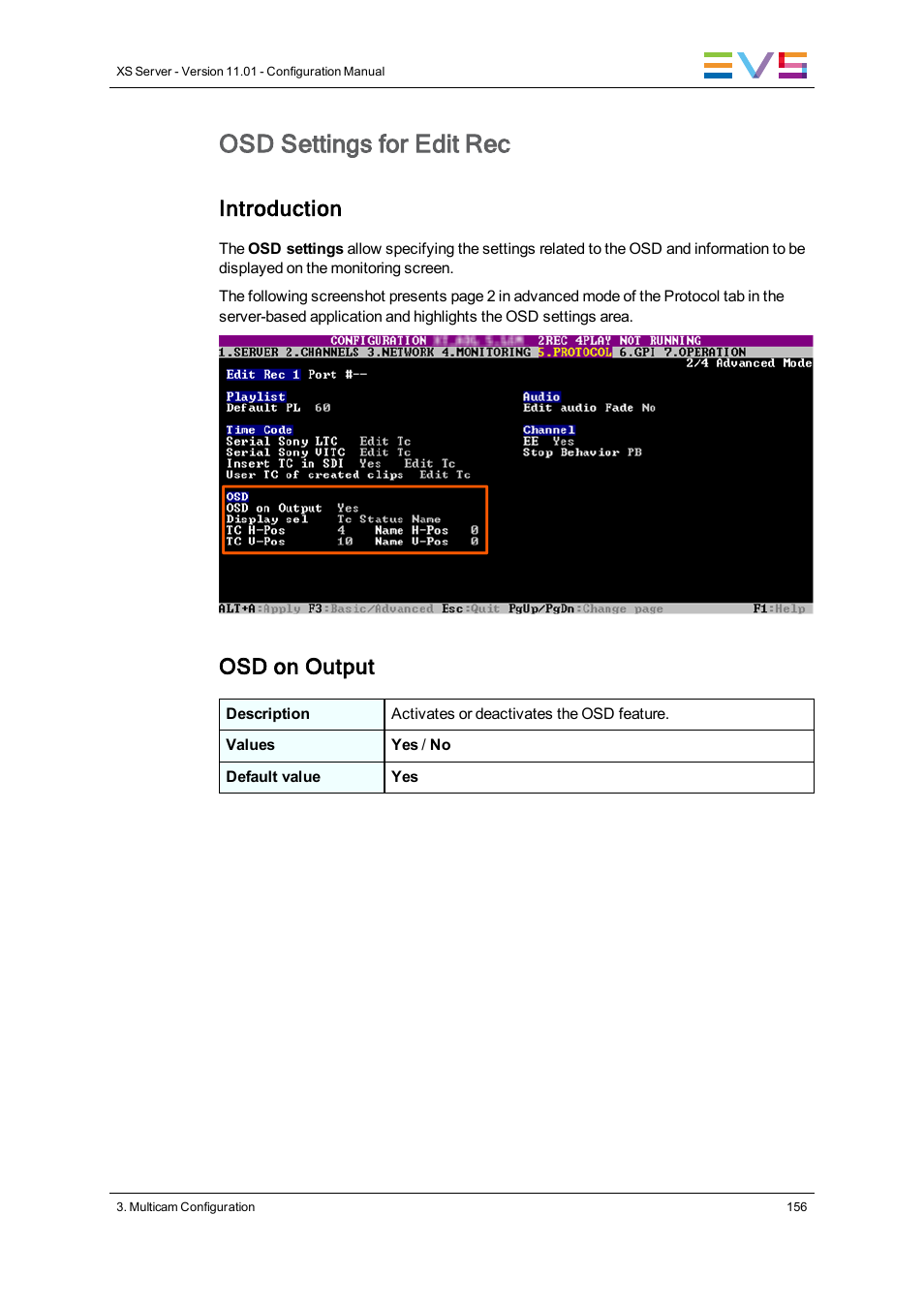Osd settings, Osd settings for edit rec, Introduction | Osd on output | EVS XS Version 11.01 - November 2012 Configuration Manual User Manual | Page 166 / 212