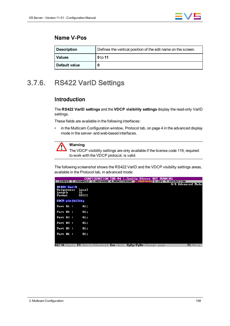 Rs422 varid settings, Vdcp visibility settings, Rs422 varid | Settings, Name v-pos, Introduction | EVS XS Version 11.01 - November 2012 Configuration Manual User Manual | Page 168 / 212
