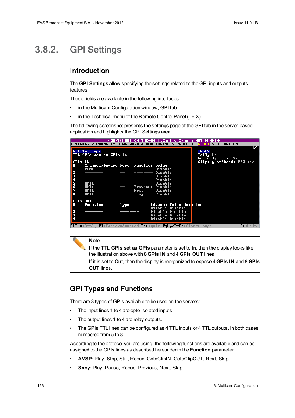 Gpi settings, Introduction, Gpi types and functions | EVS XS Version 11.01 - November 2012 Configuration Manual User Manual | Page 173 / 212