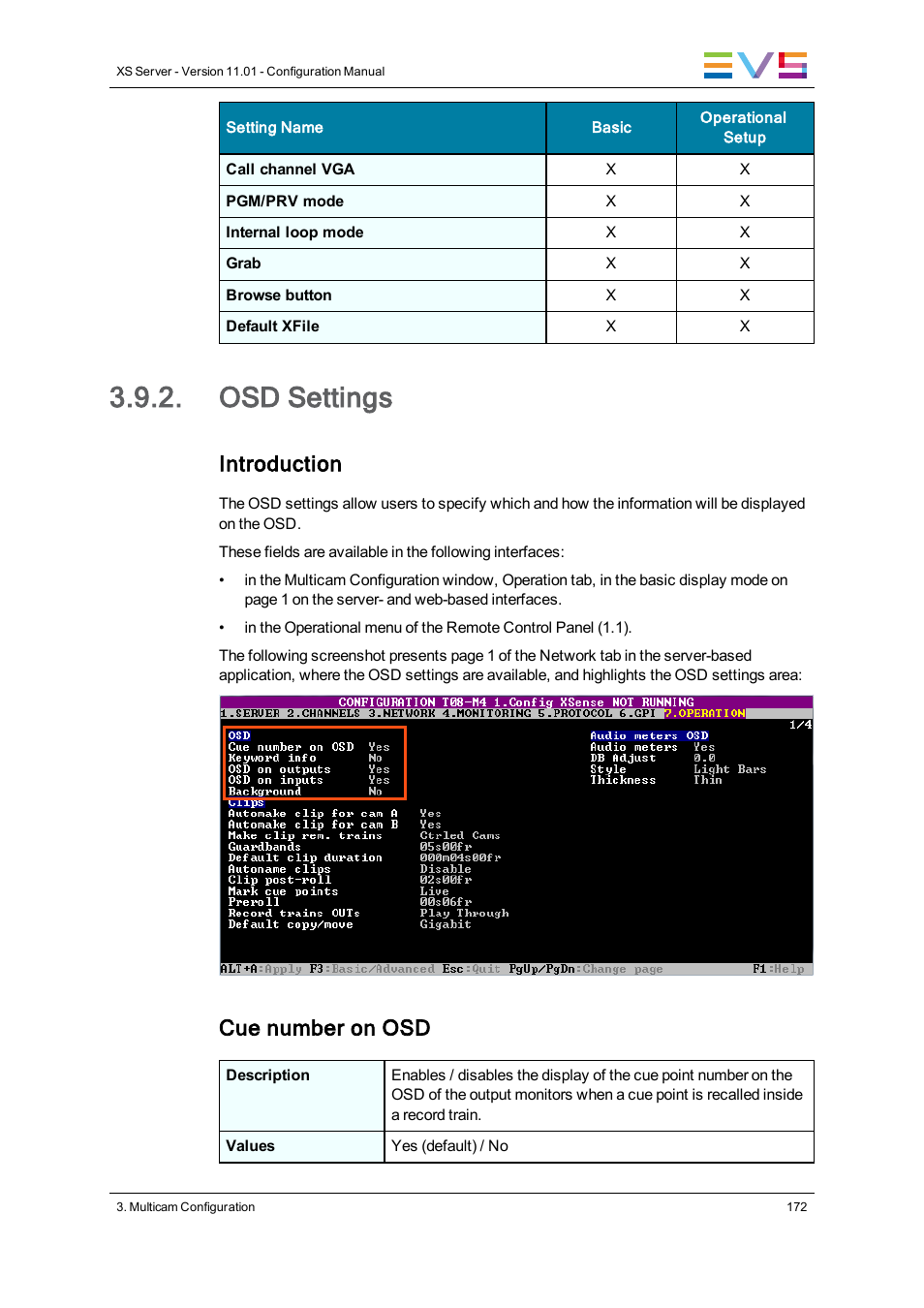 Osd settings, Introduction, Cue number on osd | EVS XS Version 11.01 - November 2012 Configuration Manual User Manual | Page 182 / 212