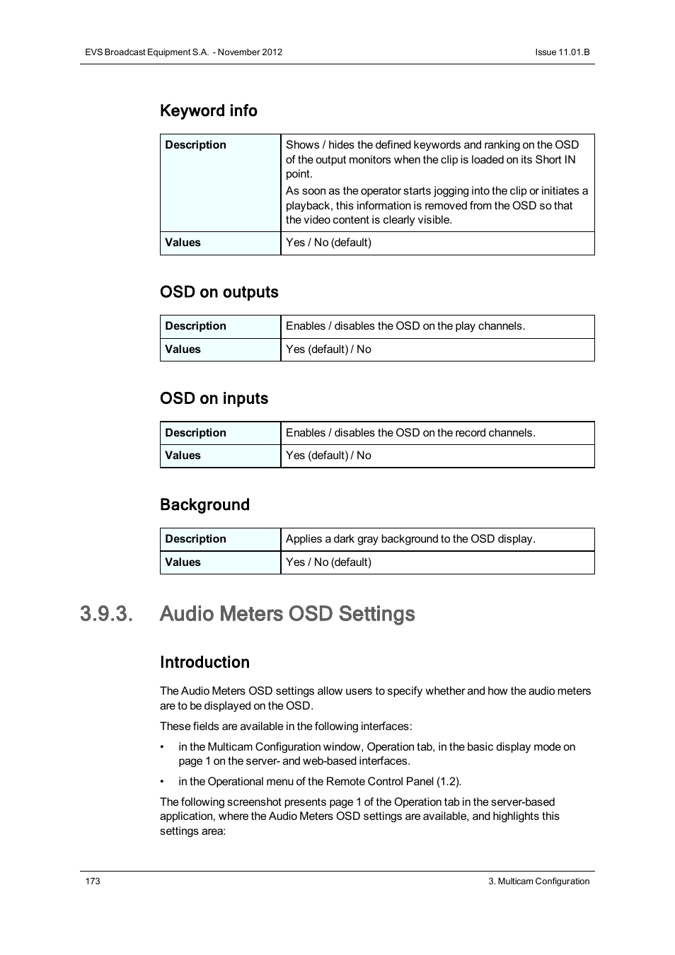 Audio meters osd settings, Keyword info, Osd on outputs | Osd on inputs, Background, Introduction | EVS XS Version 11.01 - November 2012 Configuration Manual User Manual | Page 183 / 212