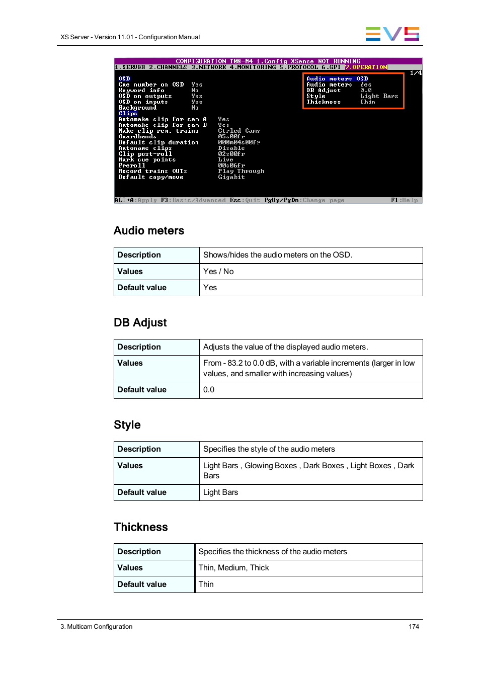 Audio meters, Db adjust, Style | Thickness | EVS XS Version 11.01 - November 2012 Configuration Manual User Manual | Page 184 / 212