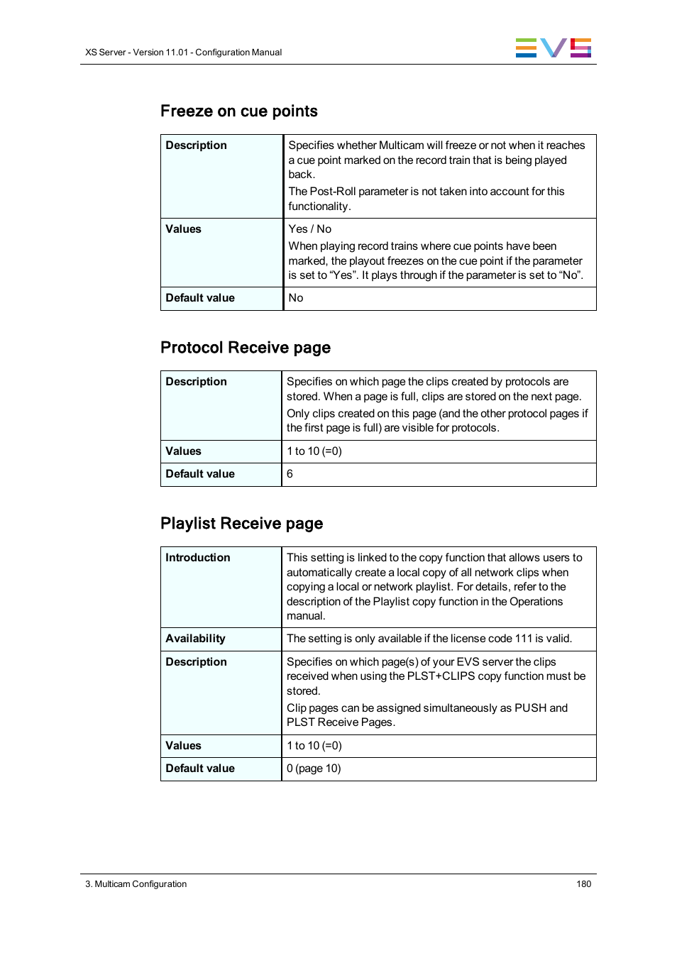 Freeze on cue points, Protocol receive page, Playlist receive page | EVS XS Version 11.01 - November 2012 Configuration Manual User Manual | Page 190 / 212