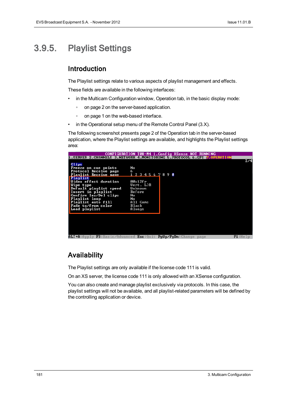 Playlist settings, Introduction, Availability | EVS XS Version 11.01 - November 2012 Configuration Manual User Manual | Page 191 / 212