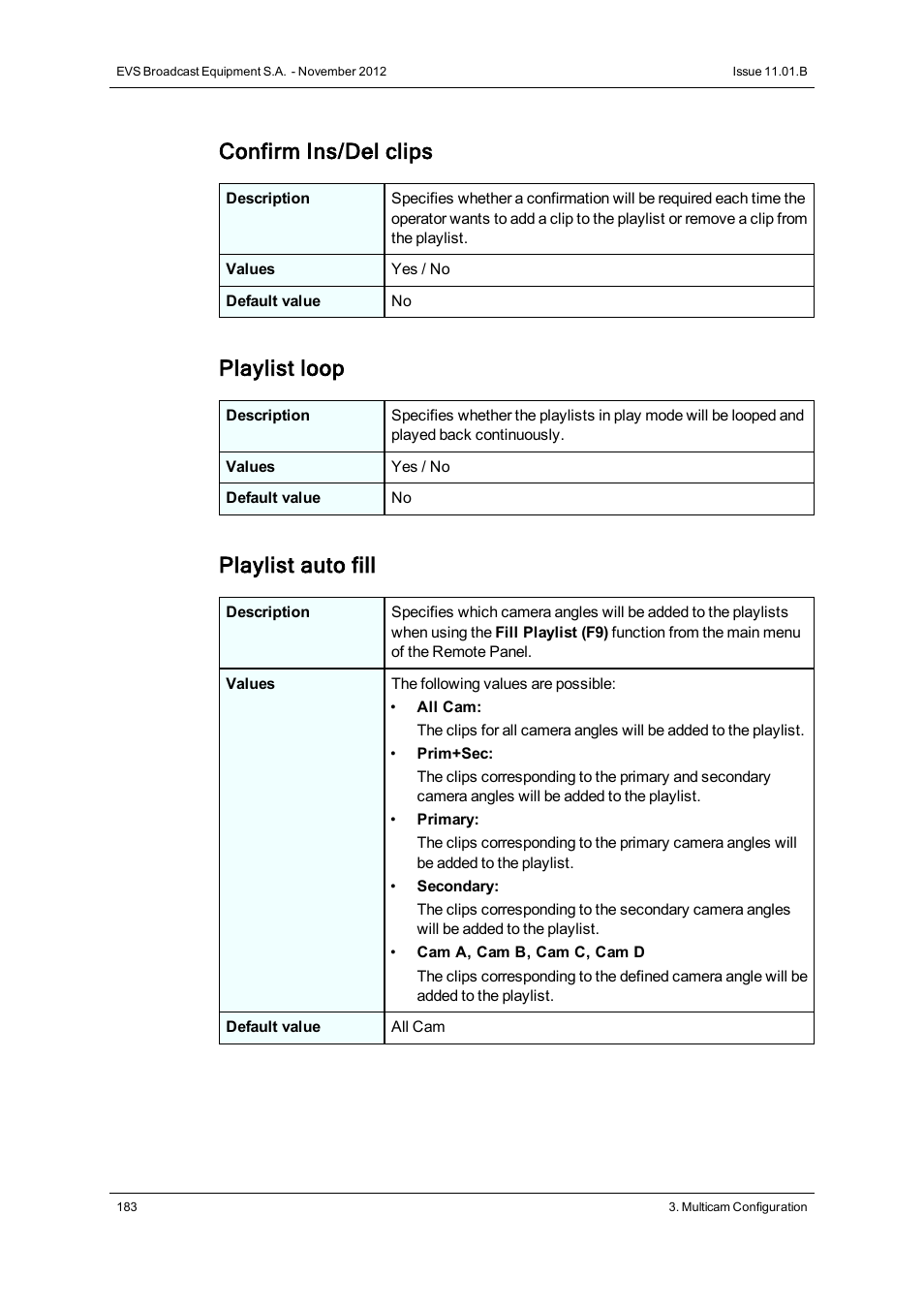 Confirm ins/del clips, Playlist loop, Playlist auto fill | EVS XS Version 11.01 - November 2012 Configuration Manual User Manual | Page 193 / 212