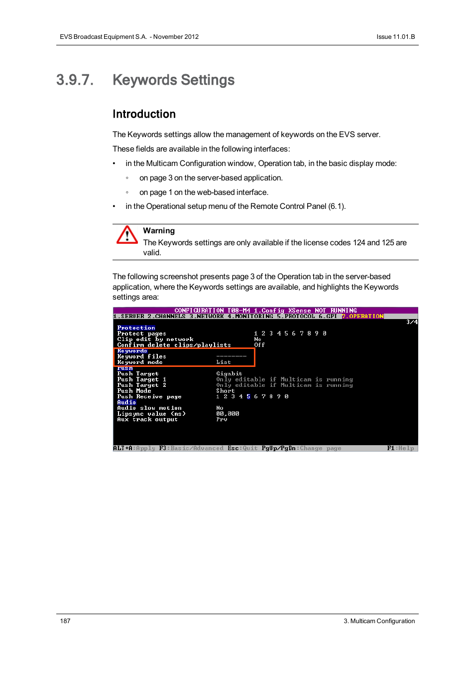 Keywords settings, Introduction | EVS XS Version 11.01 - November 2012 Configuration Manual User Manual | Page 197 / 212