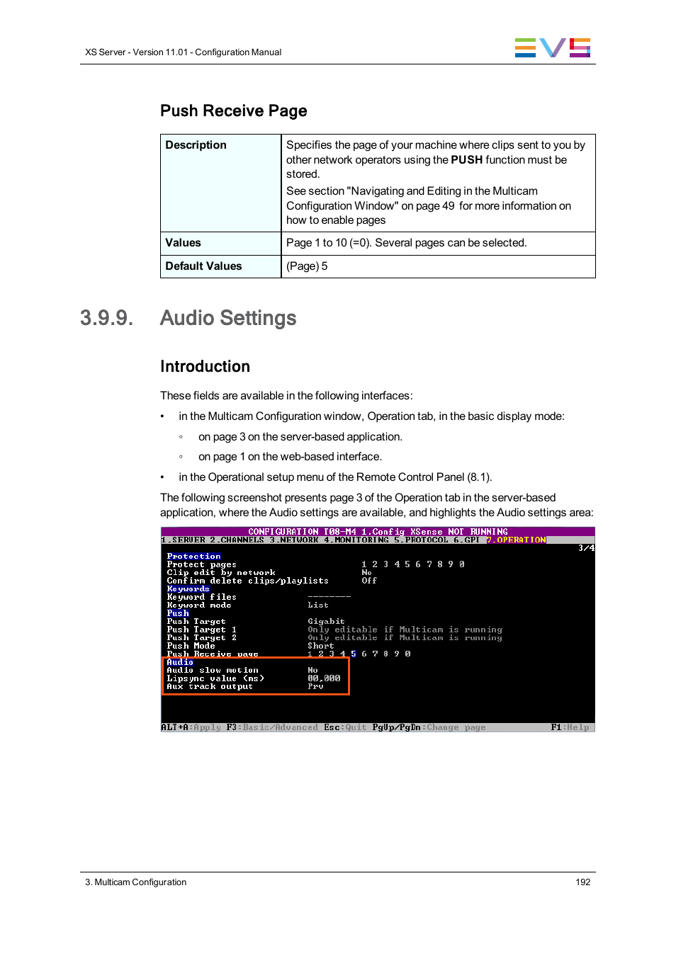 Audio settings, Push receive page, Introduction | EVS XS Version 11.01 - November 2012 Configuration Manual User Manual | Page 202 / 212
