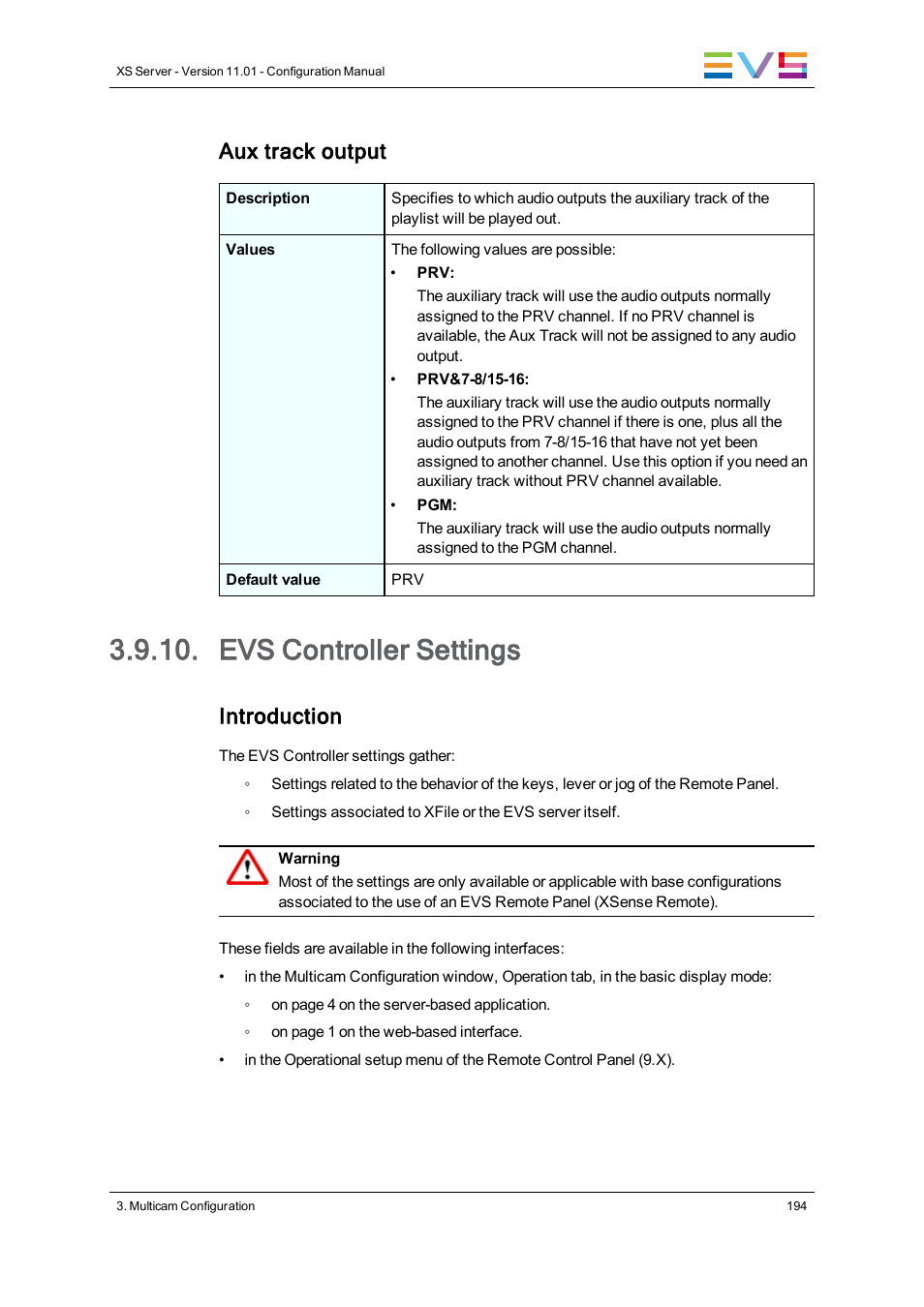 Evs controller settings, Controller settings, Aux track output | Introduction | EVS XS Version 11.01 - November 2012 Configuration Manual User Manual | Page 204 / 212