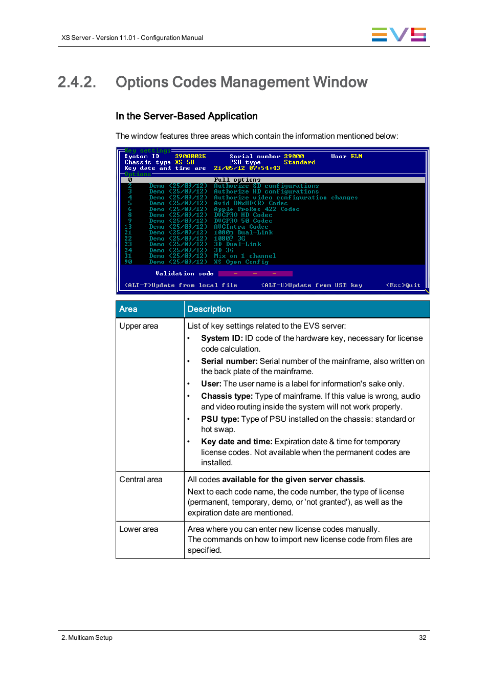 Options codes management window | EVS XS Version 11.01 - November 2012 Configuration Manual User Manual | Page 42 / 212