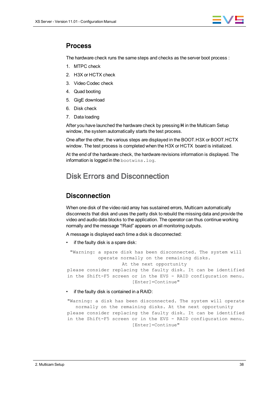 Disk errors and disconnection, Process, Disconnection | EVS XS Version 11.01 - November 2012 Configuration Manual User Manual | Page 48 / 212