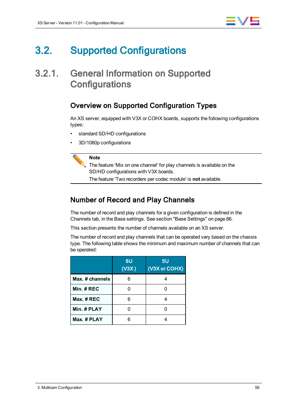 Supported configurations, General information on supported configurations, Overview on supported configuration types | Number of record and play channels | EVS XS Version 11.01 - November 2012 Configuration Manual User Manual | Page 66 / 212