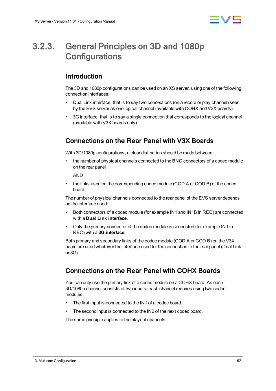 General principles on 3d and 1080p configurations, Introduction, Connections on the rear panel with v3x boards | Connections on the rear panel with cohx boards | EVS XS Version 11.01 - November 2012 Configuration Manual User Manual | Page 72 / 212