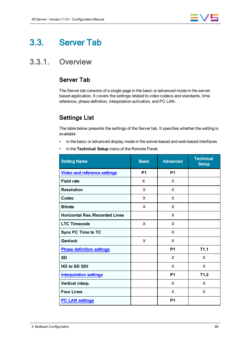 Server tab, Overview, Server settings | Settings list | EVS XS Version 11.01 - November 2012 Configuration Manual User Manual | Page 78 / 212