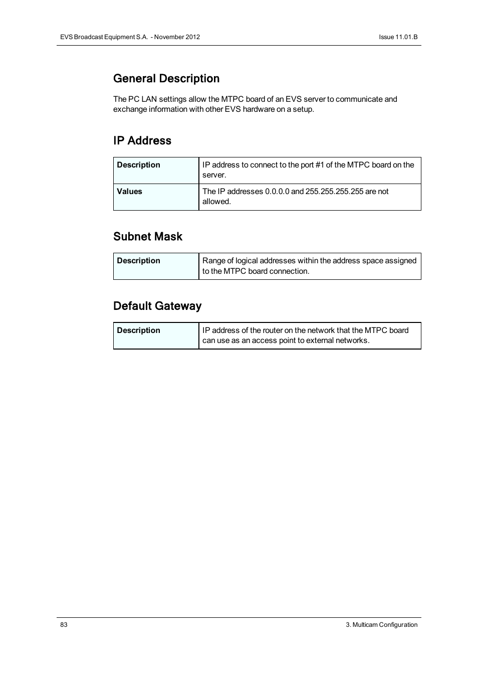 General description, Ip address, Subnet mask | Default gateway | EVS XS Version 11.01 - November 2012 Configuration Manual User Manual | Page 93 / 212