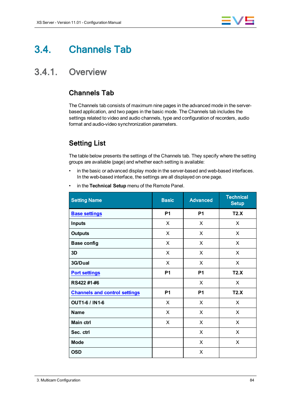 Channels tab, Overview, Channels settings | Setting list | EVS XS Version 11.01 - November 2012 Configuration Manual User Manual | Page 94 / 212