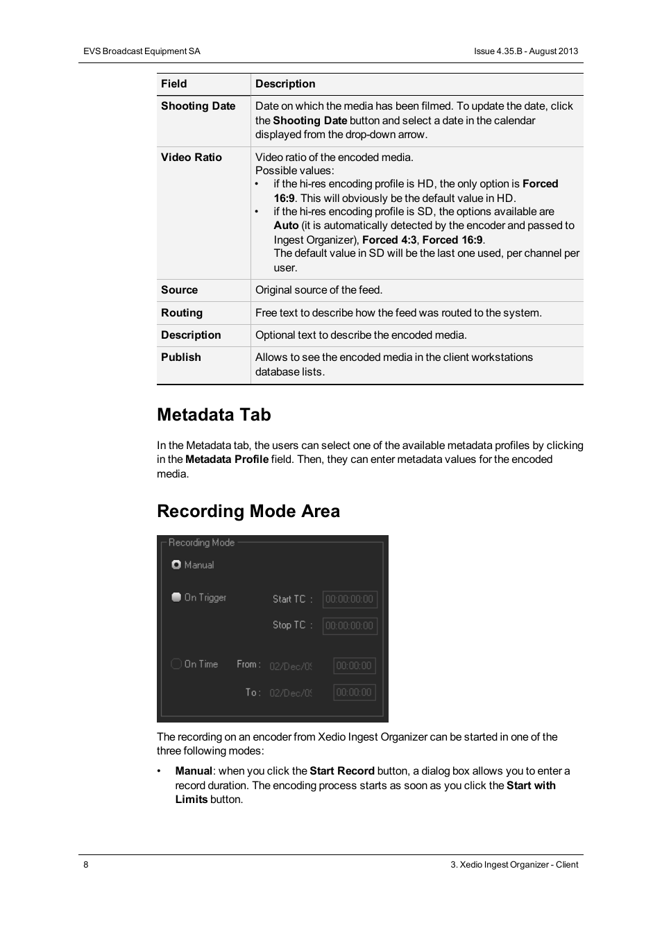 Metadata tab, Recording mode area | EVS XEDIO Ingest Organizer Version 4.35 - August 2013 User Manual User Manual | Page 16 / 28