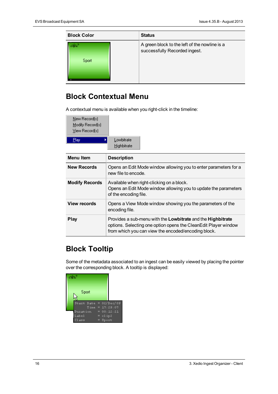 Block contextual menu, Block tooltip | EVS XEDIO Ingest Organizer Version 4.35 - August 2013 User Manual User Manual | Page 24 / 28