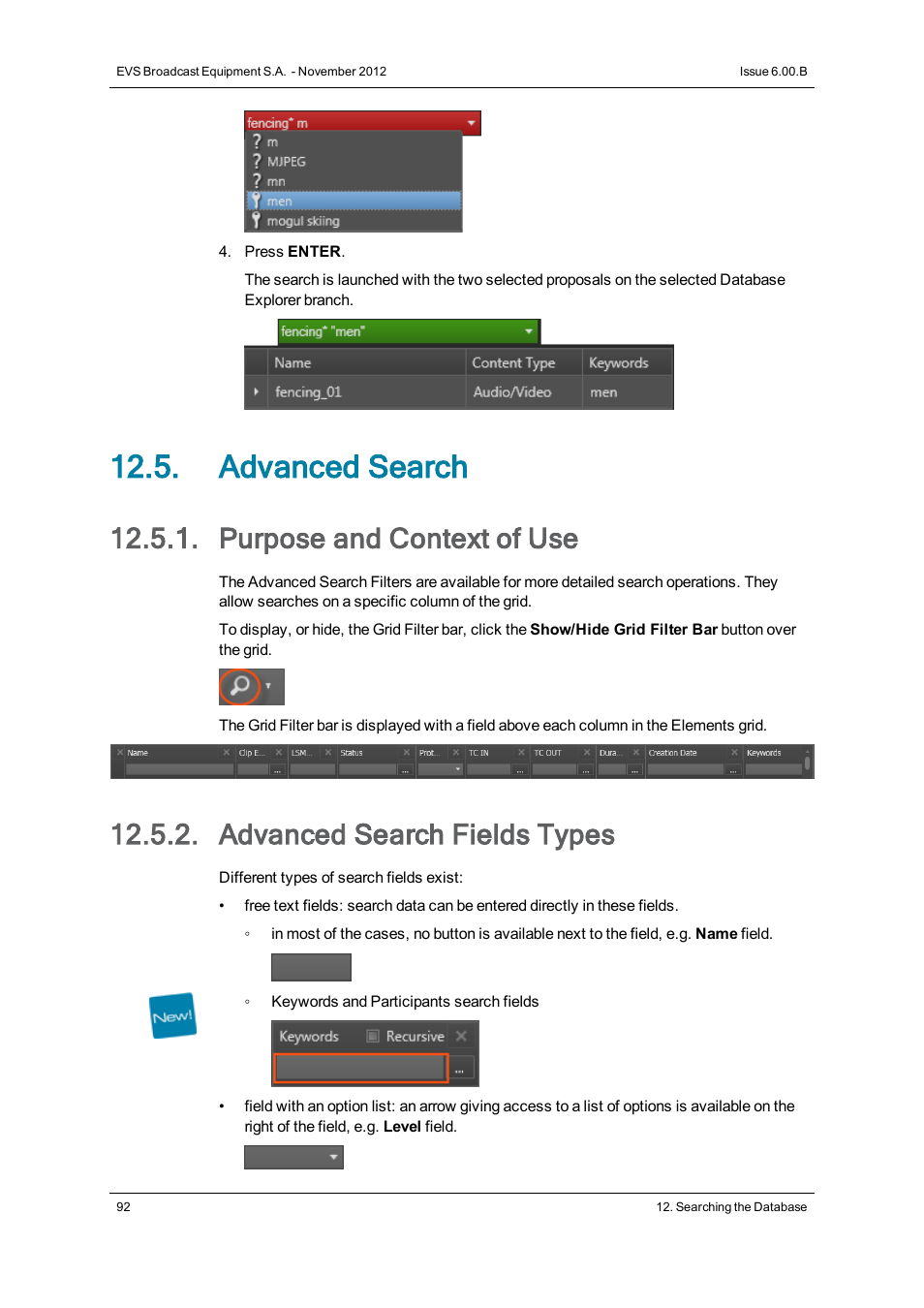 Advanced search, Purpose and context of use, Advanced search fields types | EVS IPDirector Version 6.0 - November 2012 Part 3 User's Manual User Manual | Page 104 / 128