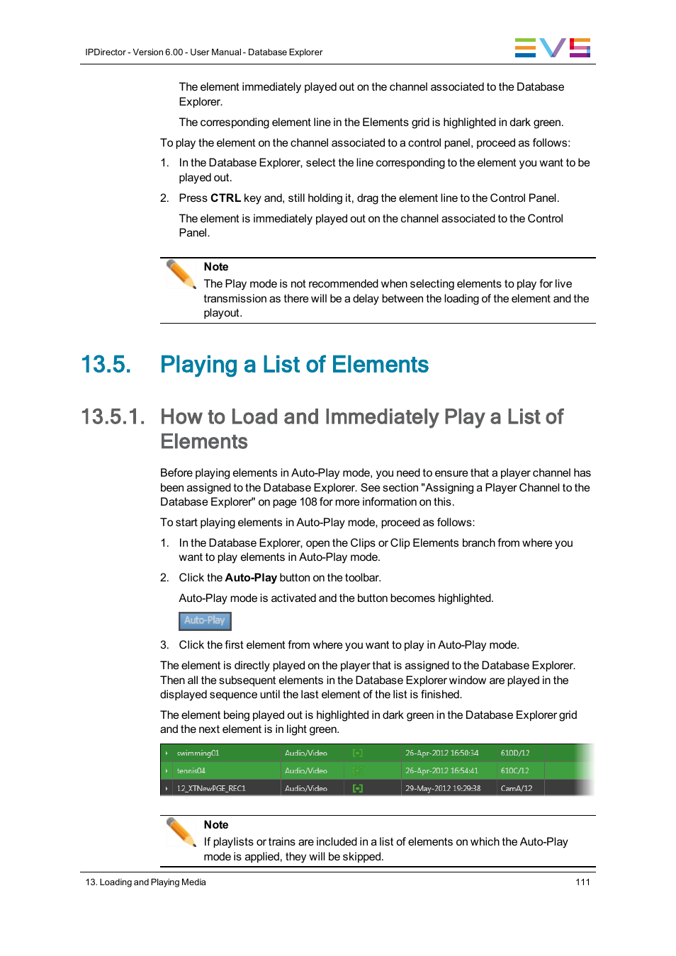 Playing a list of elements | EVS IPDirector Version 6.0 - November 2012 Part 3 User's Manual User Manual | Page 123 / 128