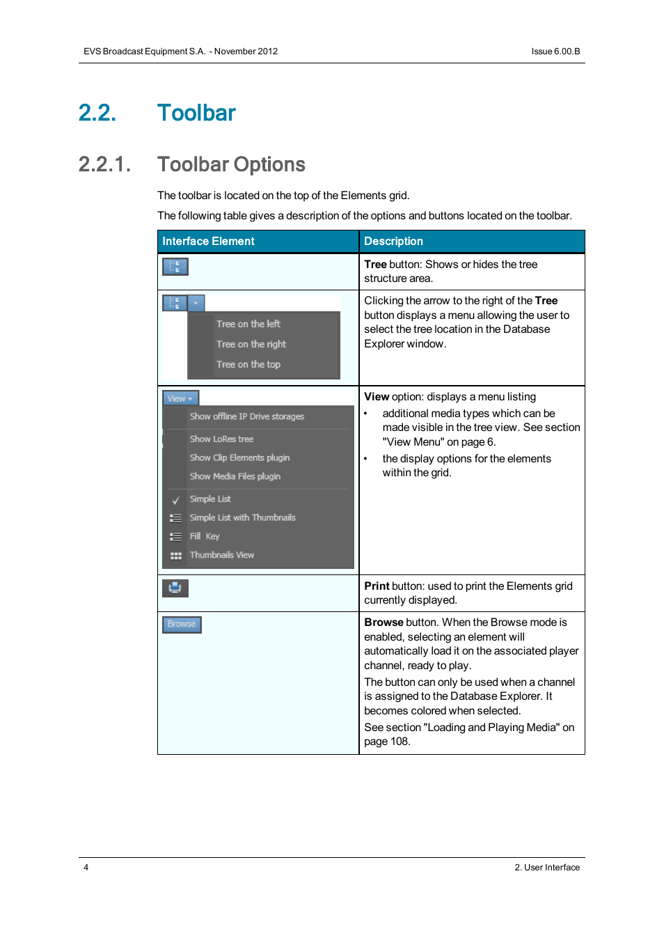 Toolbar, Toolbar options | EVS IPDirector Version 6.0 - November 2012 Part 3 User's Manual User Manual | Page 16 / 128