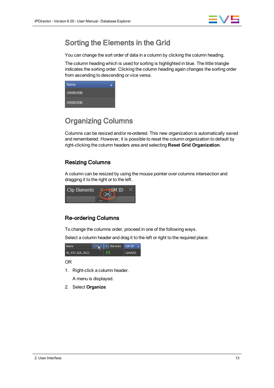Sorting the elements in the grid, Organizing columns | EVS IPDirector Version 6.0 - November 2012 Part 3 User's Manual User Manual | Page 25 / 128
