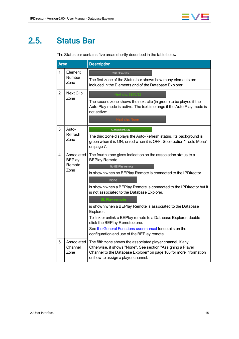 Status bar | EVS IPDirector Version 6.0 - November 2012 Part 3 User's Manual User Manual | Page 27 / 128