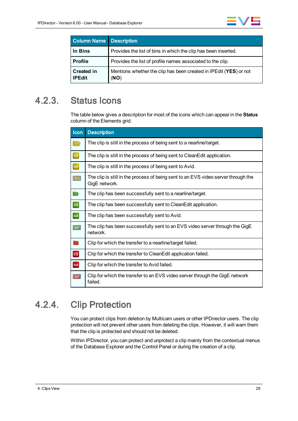 Status icons, Clip protection | EVS IPDirector Version 6.0 - November 2012 Part 3 User's Manual User Manual | Page 41 / 128