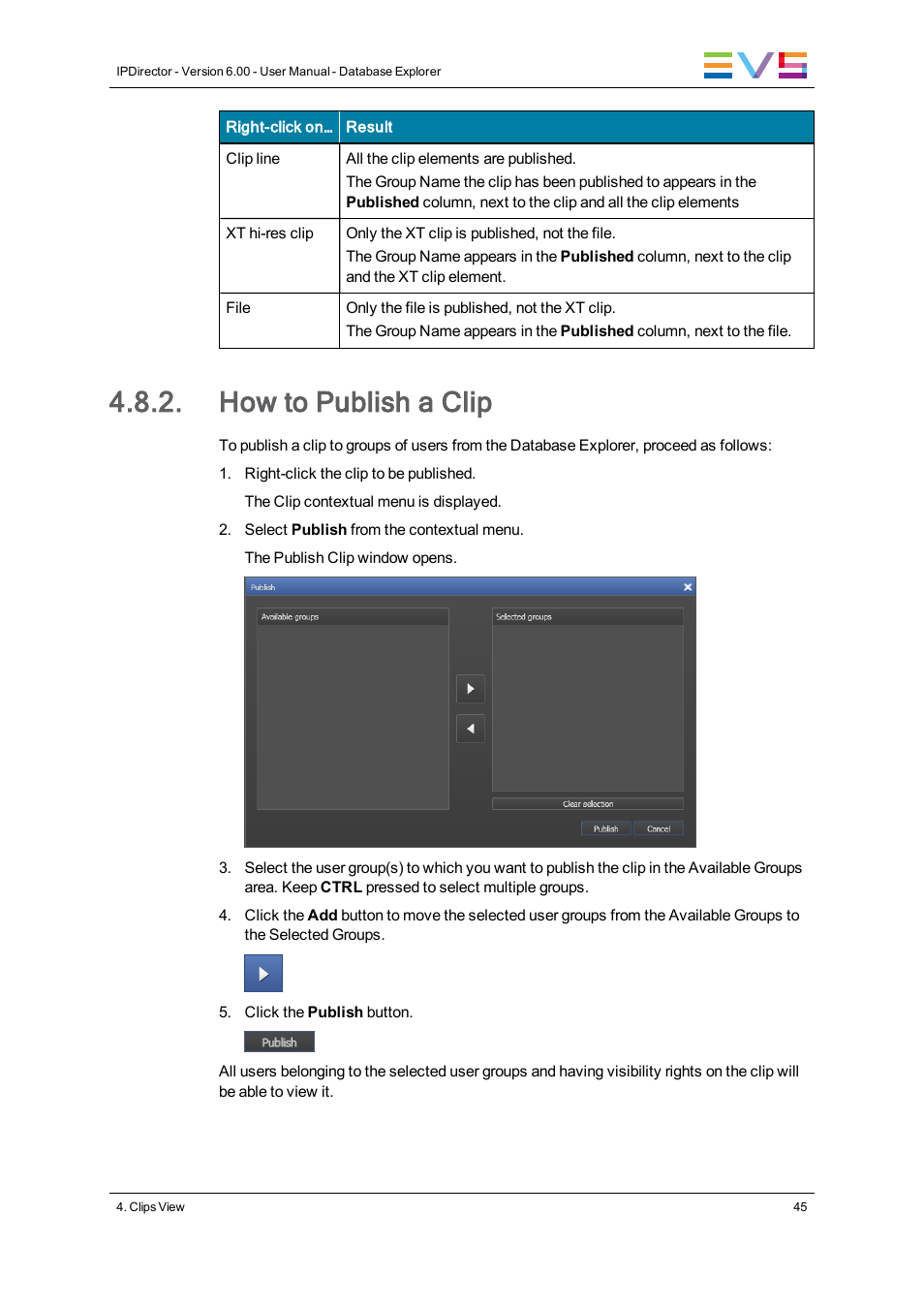 How to publish a clip | EVS IPDirector Version 6.0 - November 2012 Part 3 User's Manual User Manual | Page 57 / 128