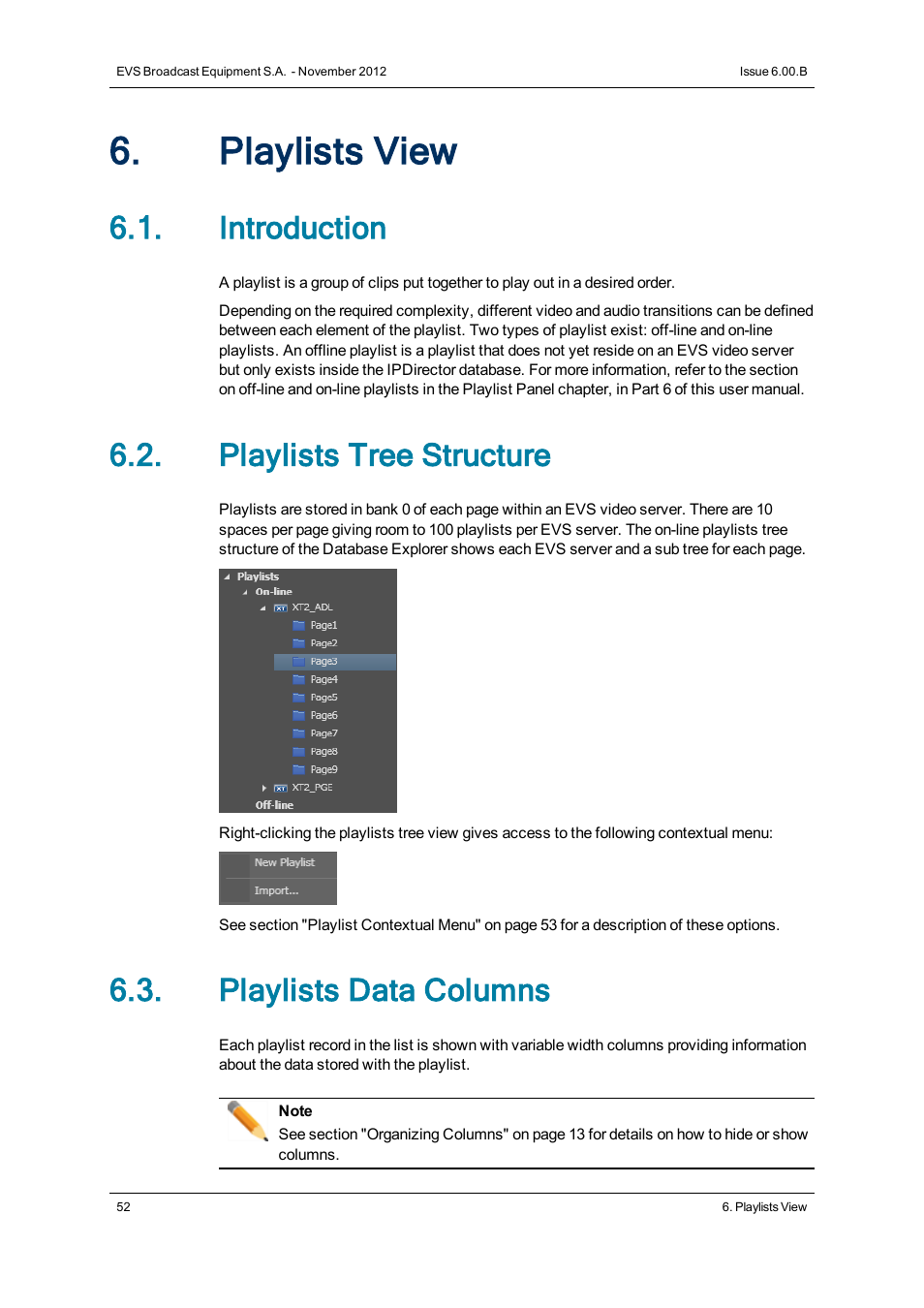 Playlists view, Introduction, Playlists tree structure | Playlists data columns | EVS IPDirector Version 6.0 - November 2012 Part 3 User's Manual User Manual | Page 64 / 128