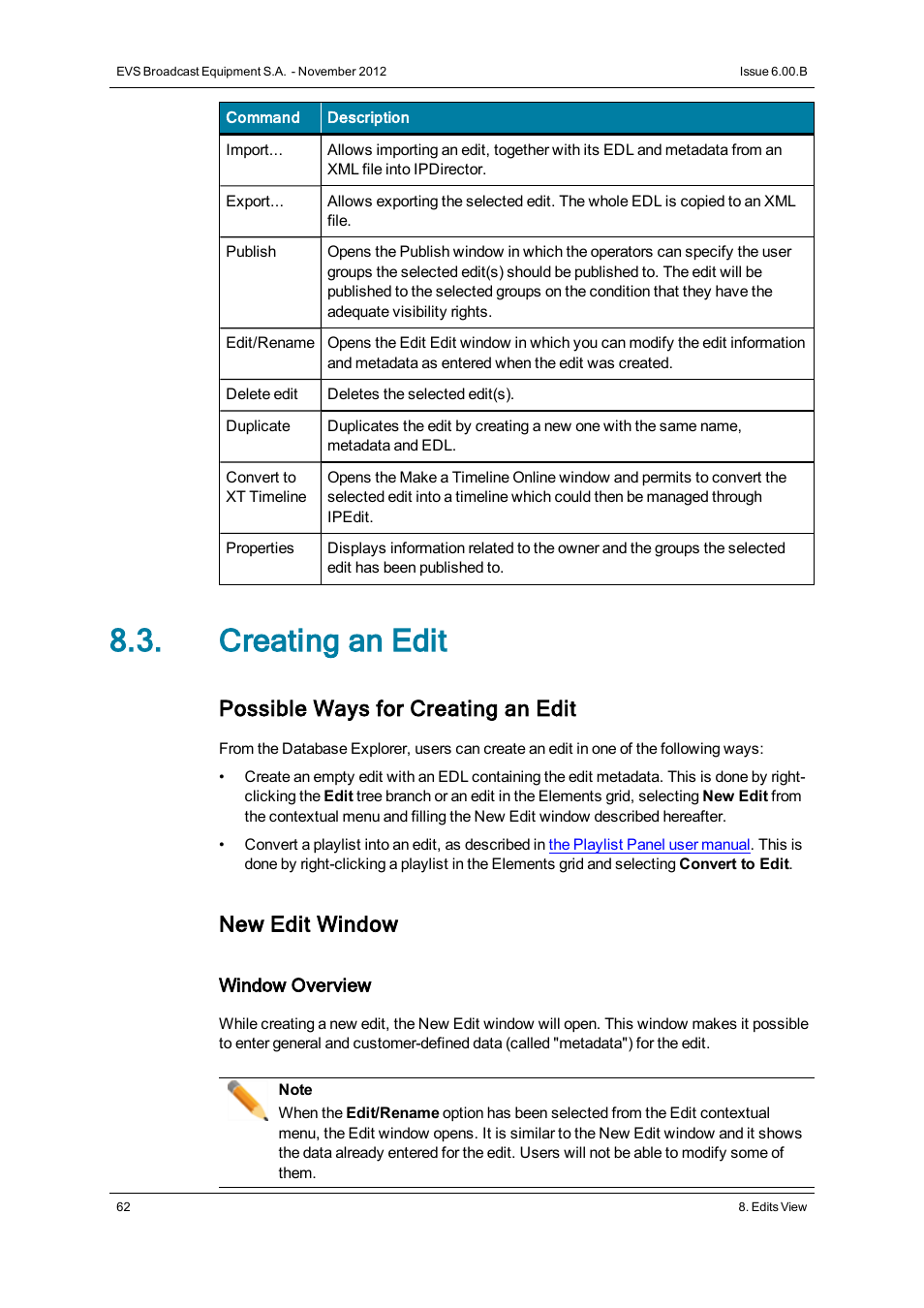 Creating an edit, Possible ways for creating an edit, New edit window | EVS IPDirector Version 6.0 - November 2012 Part 3 User's Manual User Manual | Page 74 / 128