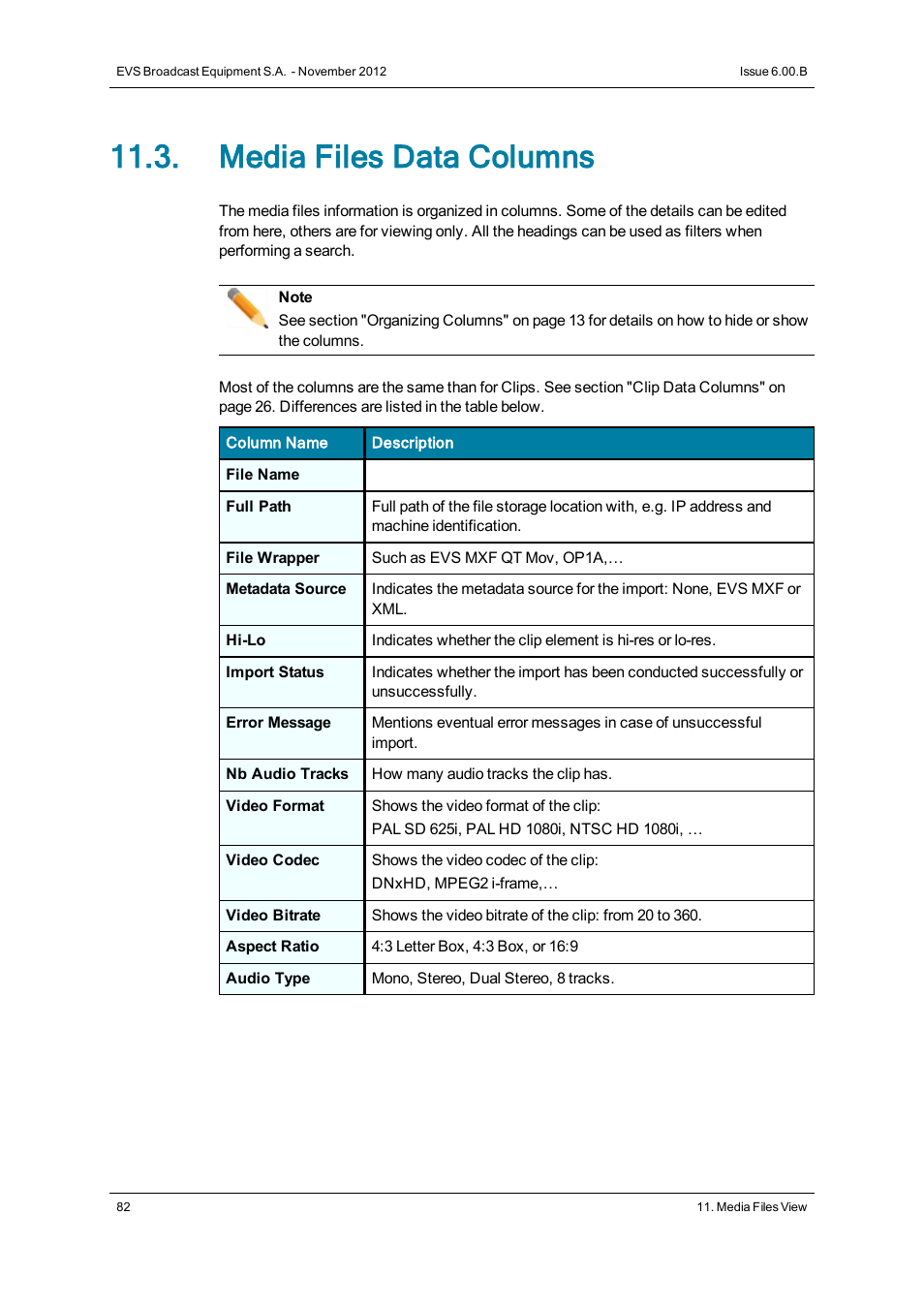 Media files data columns | EVS IPDirector Version 6.0 - November 2012 Part 3 User's Manual User Manual | Page 94 / 128