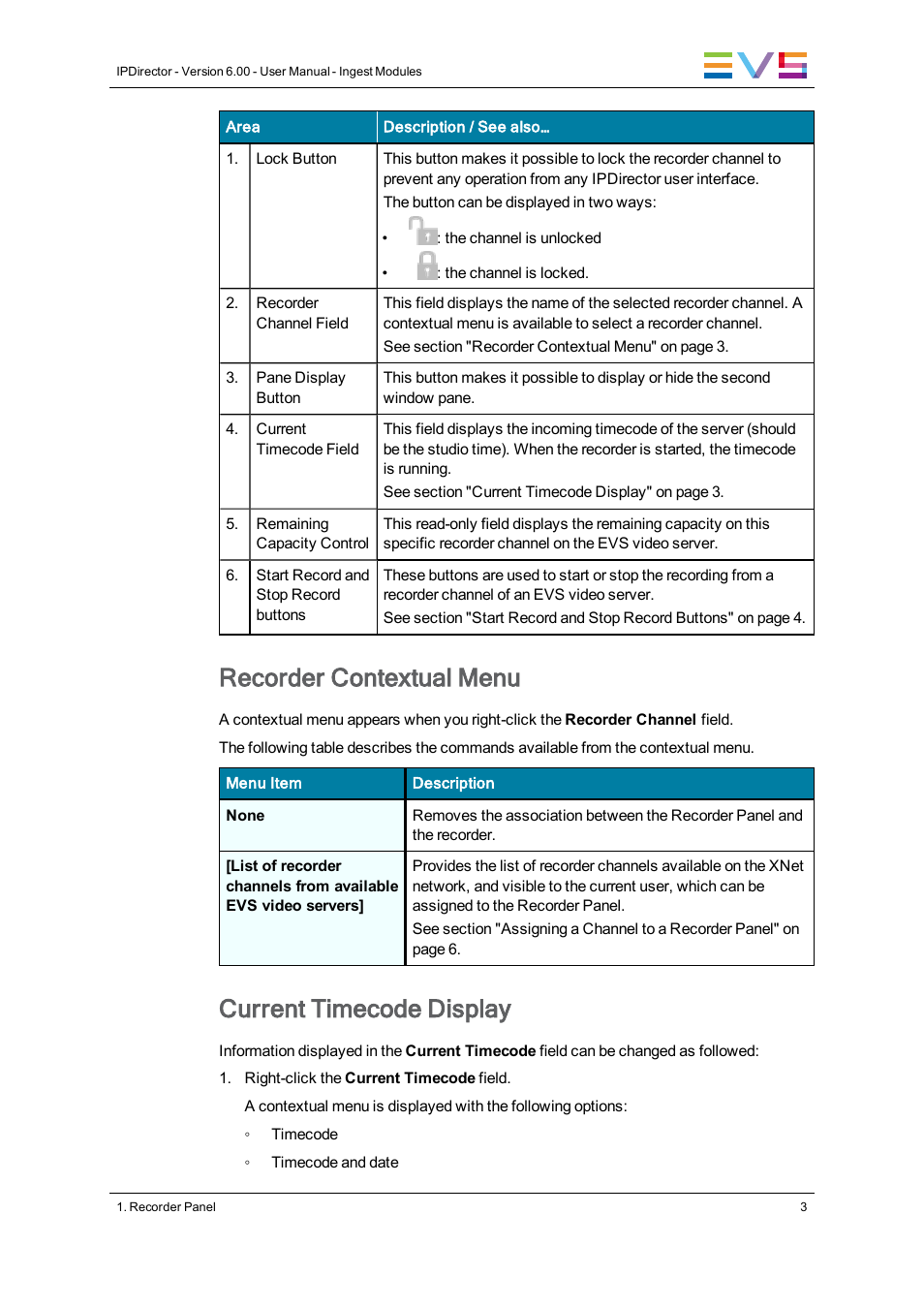 Recorder contextual menu, Current timecode display | EVS IPDirector Version 6.0 - November 2012 Part 4 User's Manual User Manual | Page 13 / 82