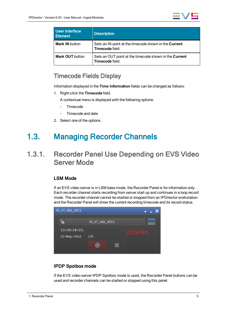 Managing recorder channels, Timecode fields display | EVS IPDirector Version 6.0 - November 2012 Part 4 User's Manual User Manual | Page 15 / 82