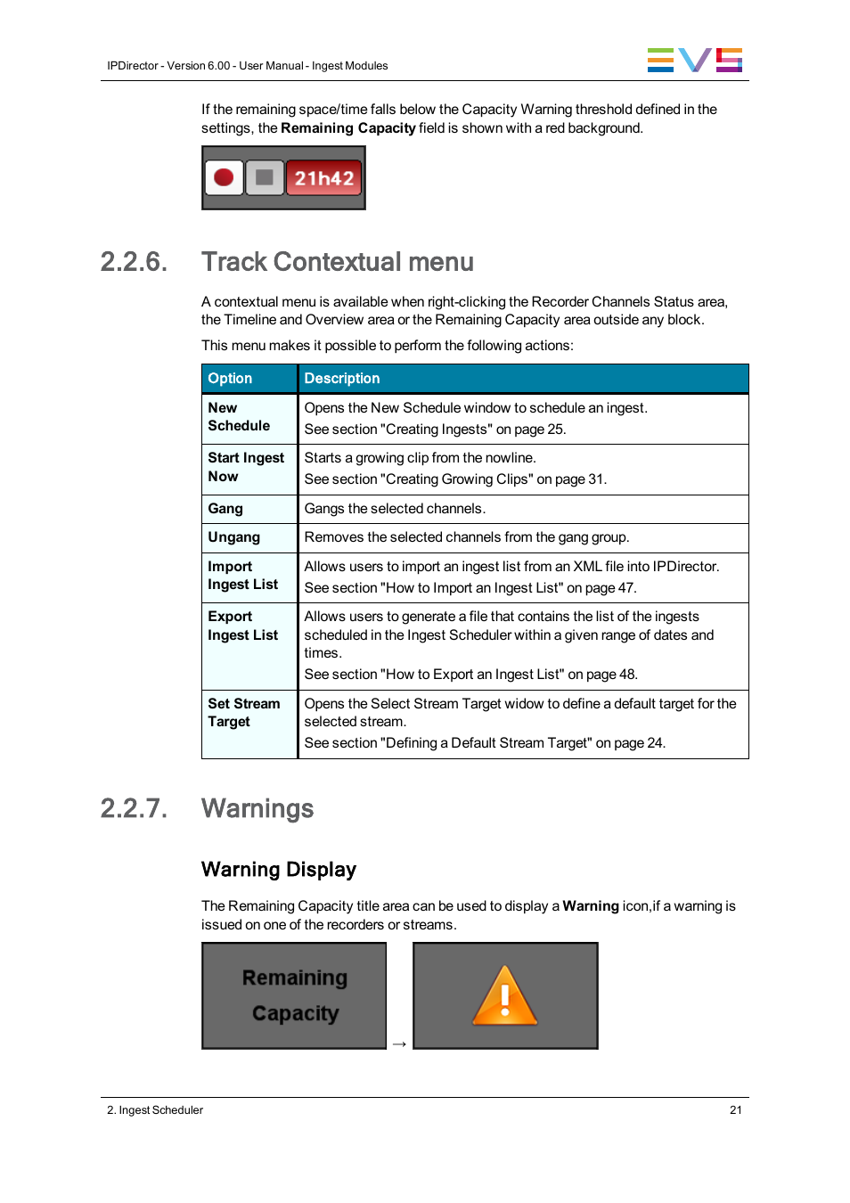 Track contextual menu, Warnings, Warning display | EVS IPDirector Version 6.0 - November 2012 Part 4 User's Manual User Manual | Page 31 / 82