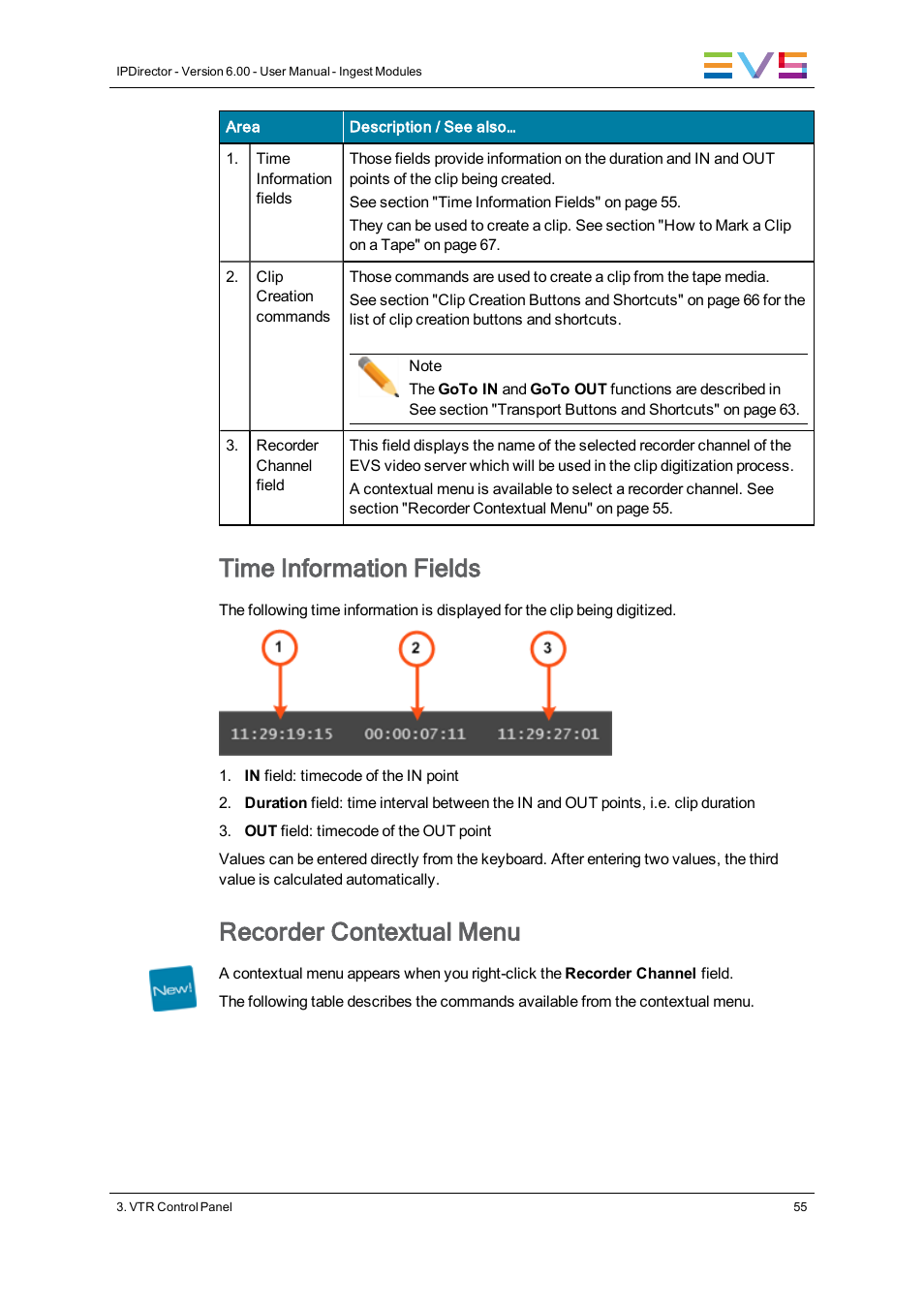 Time information fields, Recorder contextual menu | EVS IPDirector Version 6.0 - November 2012 Part 4 User's Manual User Manual | Page 65 / 82