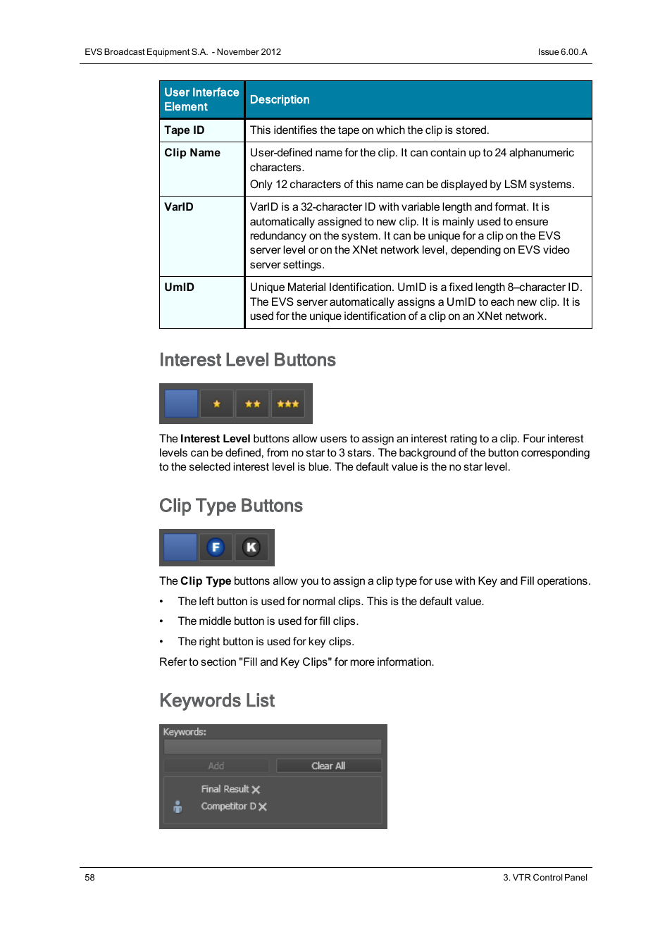 Interest level buttons, Clip type buttons, Keywords list | EVS IPDirector Version 6.0 - November 2012 Part 4 User's Manual User Manual | Page 68 / 82