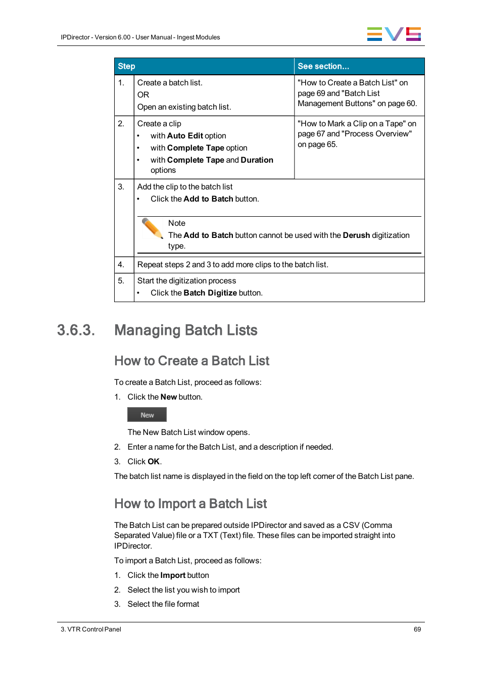 Managing batch lists, How to create a batch list, How to import a batch list | EVS IPDirector Version 6.0 - November 2012 Part 4 User's Manual User Manual | Page 79 / 82