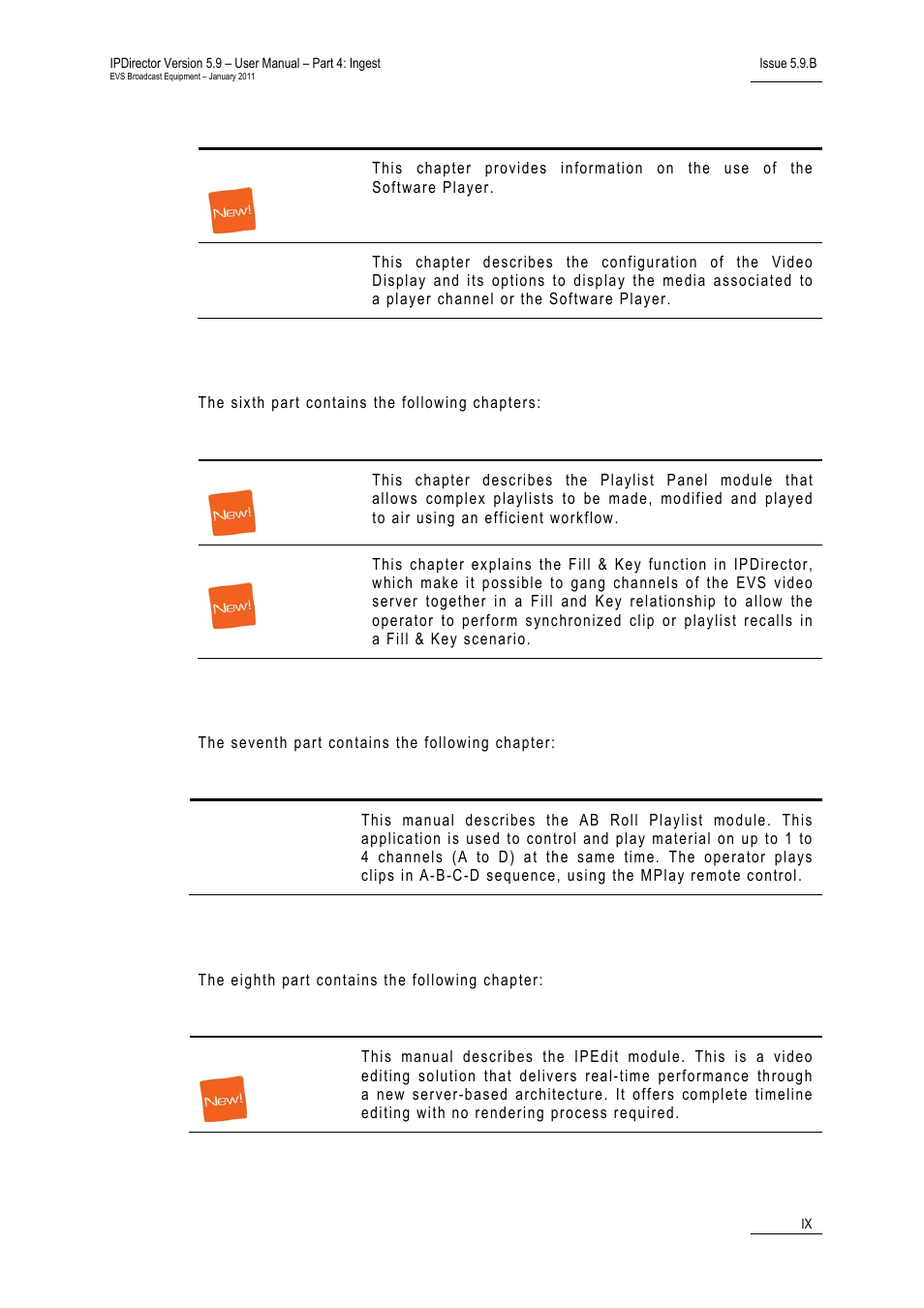 Part 6: playout – playlist panel, Part7: playout – ab roll playlist, Part 8: editing | EVS IPDirector Version 5.9 - January 2011 Part 4 User’s Manual User Manual | Page 10 / 81