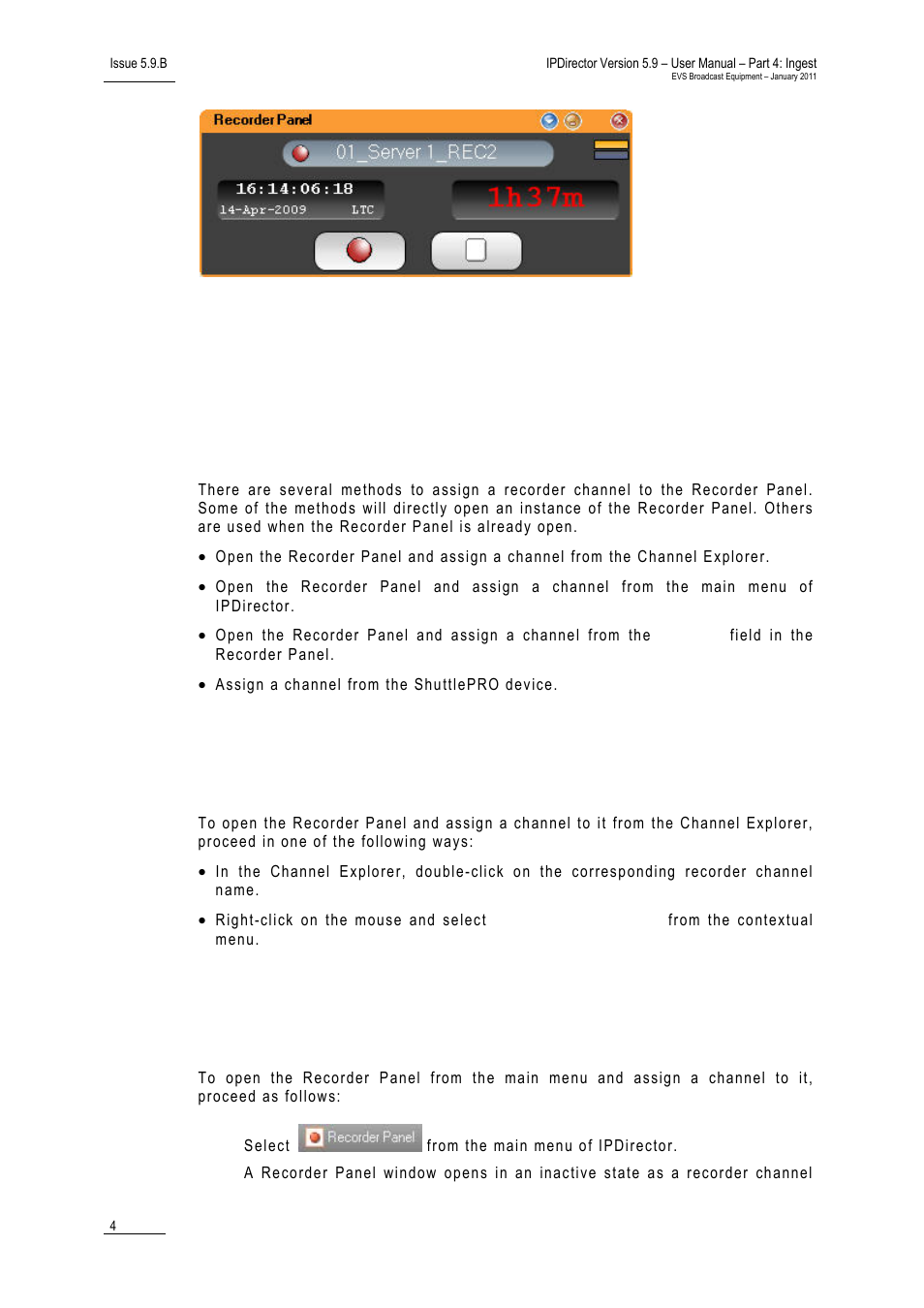 3 assigning a channel to a recorder panel, 1 introduction, Assigning a channel to a recorder panel | Introduction | EVS IPDirector Version 5.9 - January 2011 Part 4 User’s Manual User Manual | Page 15 / 81