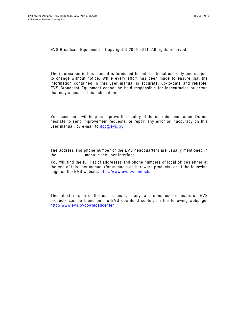 Copyright, Disclaimer, Improvement requests | Regional contacts, User manuals on evs website | EVS IPDirector Version 5.9 - January 2011 Part 4 User’s Manual User Manual | Page 2 / 81