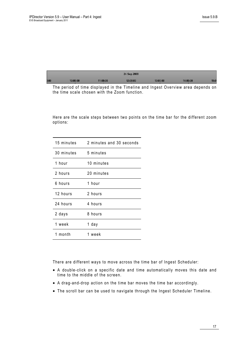 5 timeline and ingest overview area, 1 time bar description, Time bar scale based on the zoom | Moving across the time bar, Timeline and ingest overview area, Time bar description, Escription | EVS IPDirector Version 5.9 - January 2011 Part 4 User’s Manual User Manual | Page 28 / 81
