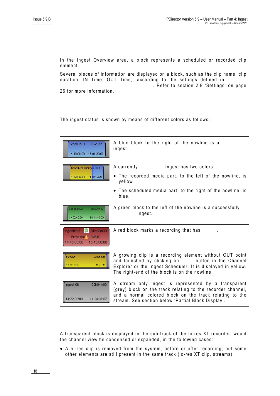 2 ingest block description, Ingest status colors, Partial block display | Ingest block description, Ngest, Lock, Escription | EVS IPDirector Version 5.9 - January 2011 Part 4 User’s Manual User Manual | Page 29 / 81